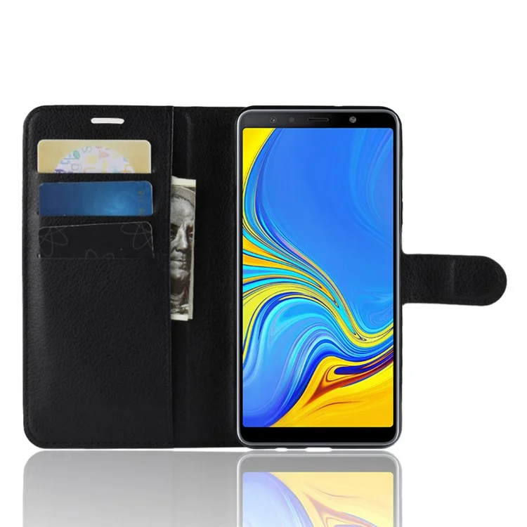 Litchi Skin PU Leather Protection Phone Shell for Samsung Galaxy A7 (2018) with Wallet Stand Design - Black-Cellmalls