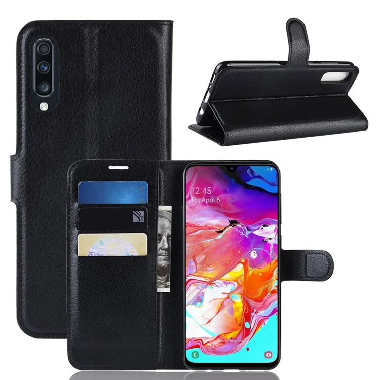 Litchi Skin PU Leather Magnetic Wallet Stand Case for Samsung Galaxy A70 - Black-Cellmalls