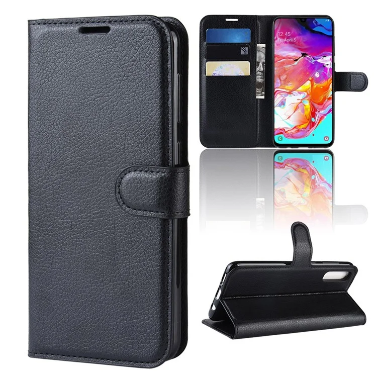 Litchi Skin PU Leather Magnetic Wallet Stand Case for Samsung Galaxy A70 - Black-Cellmalls