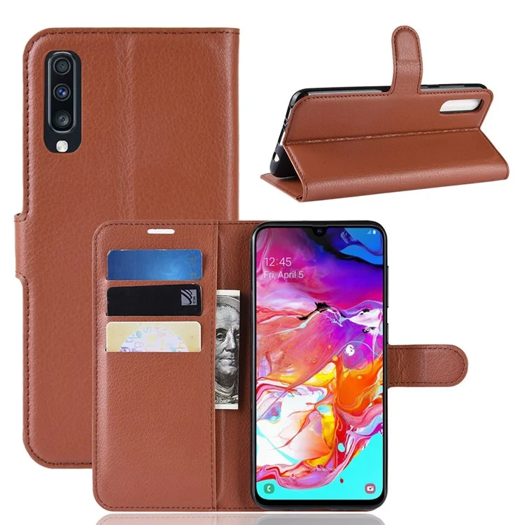 Litchi Skin PU Leather Magnetic Wallet Stand Case for Samsung Galaxy A70 - Black-Cellmalls