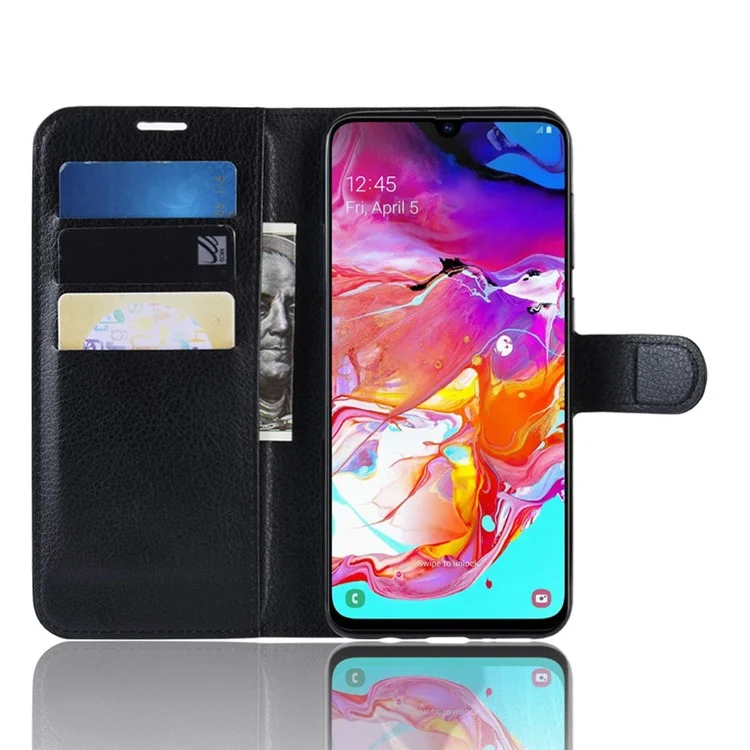 Litchi Skin PU Leather Magnetic Wallet Stand Case for Samsung Galaxy A70 - Black-Cellmalls