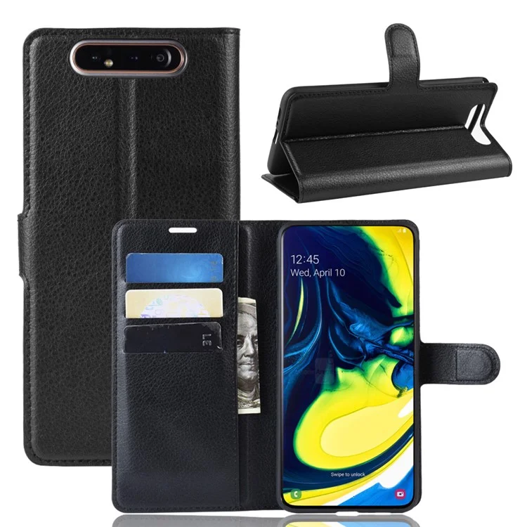 Litchi Skin Wallet Leather Stand Case for Samsung Galaxy A80 / A90 - Black-Cellmalls