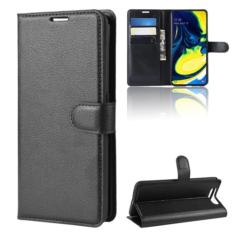 Litchi Skin Wallet Leather Stand Case for Samsung Galaxy A80 / A90 - Black-Cellmalls