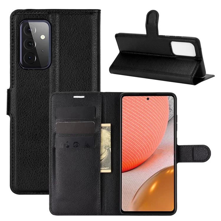 Wallet Stand Design Litchi Texture Leather Phone Cover for Samsung Galaxy A72 4G / 5G - Black-Cellmalls