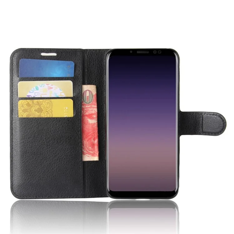 Litchi Skin PU Leather Wallet Stand Mobile Phone Case with Magnet for Samsung Galaxy A8 (2018) - Black-Cellmalls