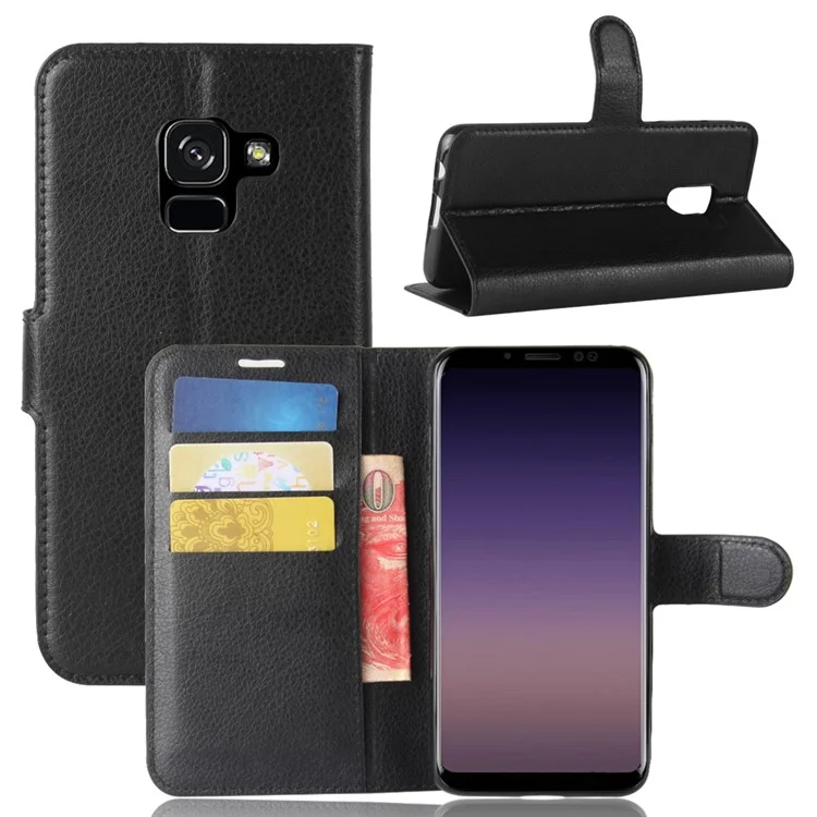 Litchi Skin PU Leather Wallet Stand Mobile Phone Case with Magnet for Samsung Galaxy A8 (2018) - Black-Cellmalls