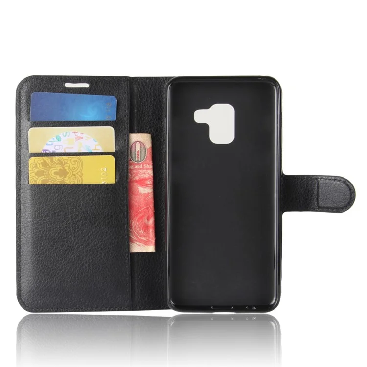 Litchi Skin PU Leather Wallet Stand Mobile Phone Case with Magnet for Samsung Galaxy A8 (2018) - Black-Cellmalls