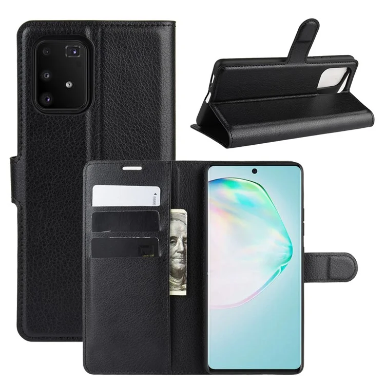Litchi Skin Wallet Leather Stand Case for Samsung Galaxy A91 / M80s / S10 Lite - Black-Cellmalls