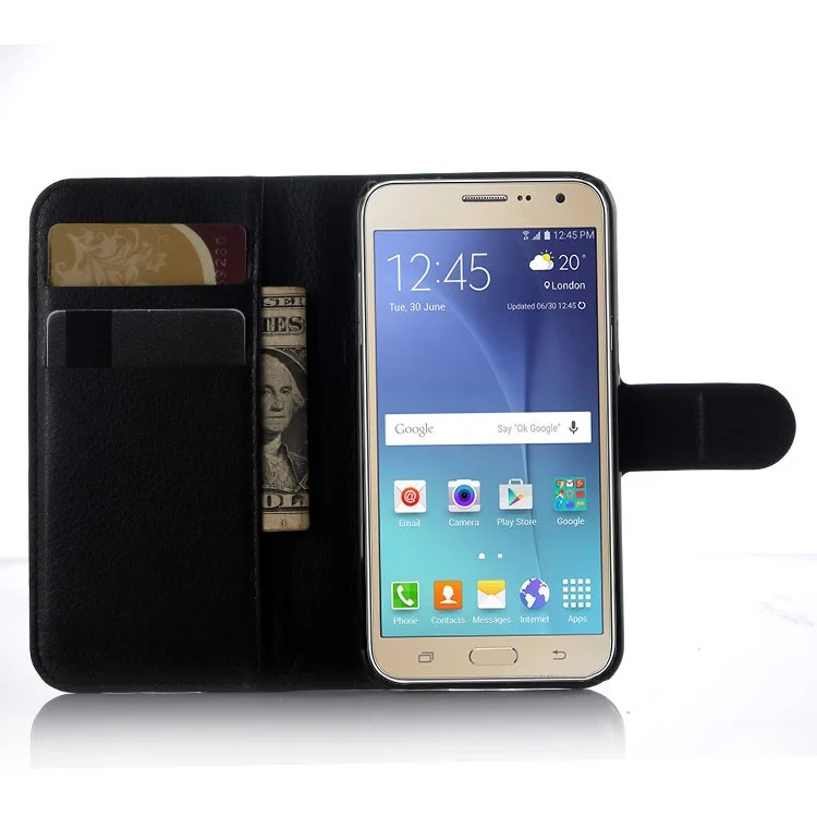 Litchi Skin Leather Wallet Case Cover for Samsung Galaxy J3 / J3 (2016) with Foldable Stand Design - Black-Cellmalls