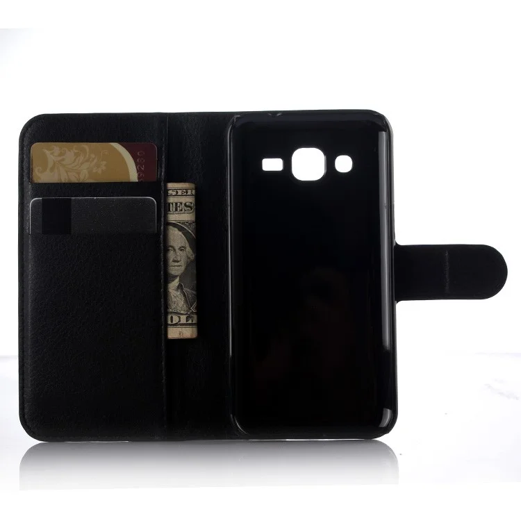Litchi Skin Leather Wallet Case Cover for Samsung Galaxy J3 / J3 (2016) with Foldable Stand Design - Black-Cellmalls