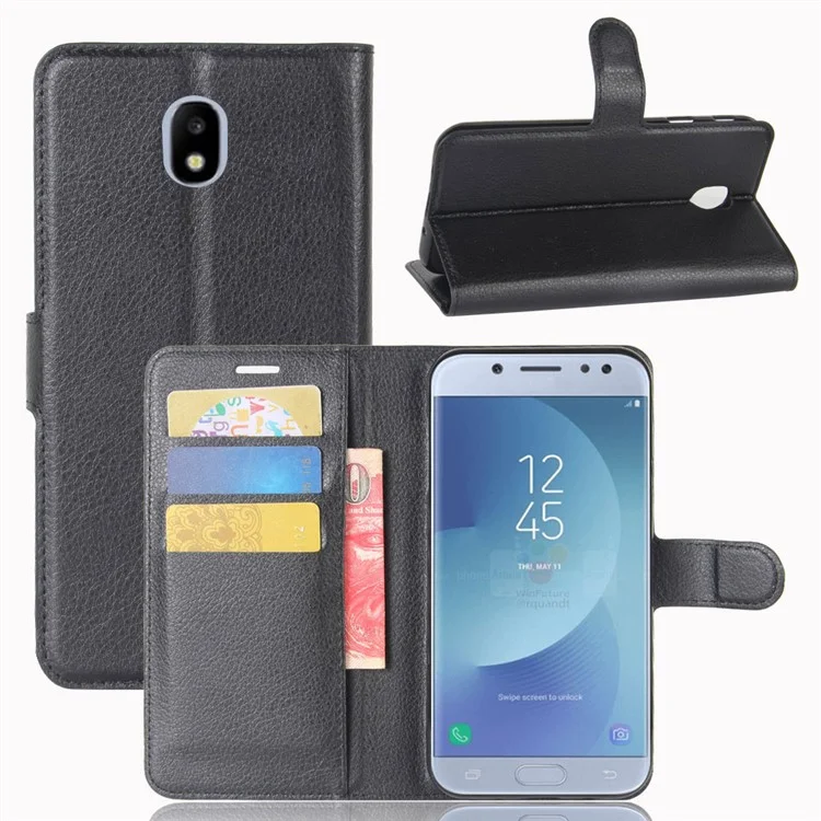 For Samsung Galaxy J3 (2017) Litchi Skin Wallet Leather Protection Phone Casing with Stand - Black-Cellmalls