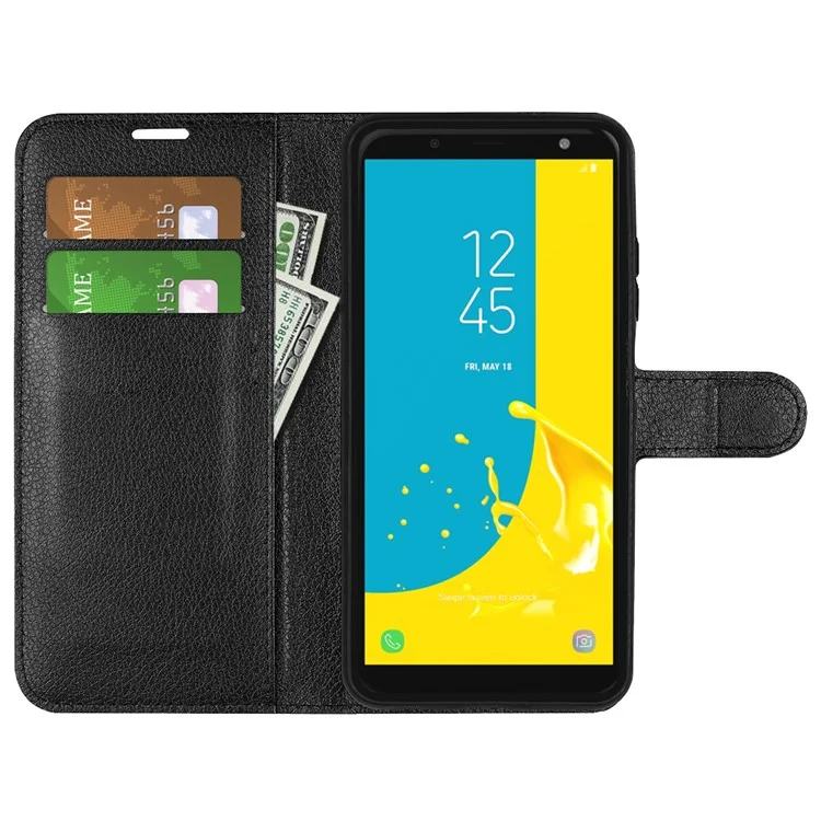 Litchi Skin Leather Stand Cover with Card Slots for Samsung Galaxy J6 (2018) Magnetic Clasp Closure - Black-Cellmalls