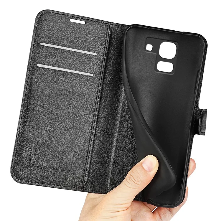 Litchi Skin Leather Stand Cover with Card Slots for Samsung Galaxy J6 (2018) Magnetic Clasp Closure - Black-Cellmalls