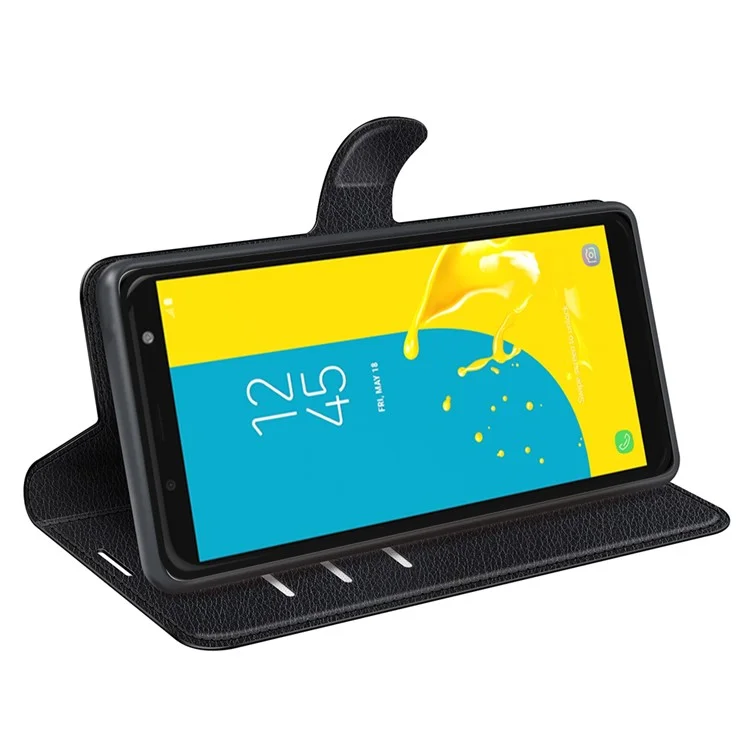 Litchi Skin Leather Stand Cover with Card Slots for Samsung Galaxy J6 (2018) Magnetic Clasp Closure - Black-Cellmalls