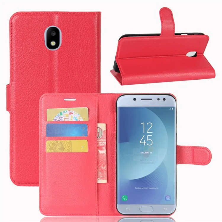 For Samsung Galaxy J3 (2017) Litchi Skin Wallet Leather Protection Phone Casing with Stand - Black-Cellmalls