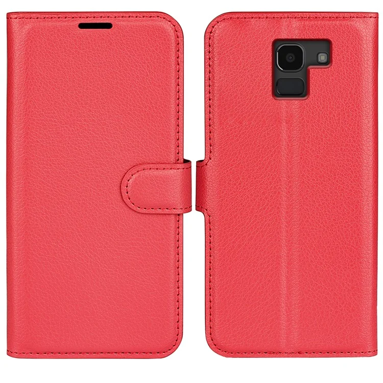 Litchi Skin Leather Stand Cover with Card Slots for Samsung Galaxy J6 (2018) Magnetic Clasp Closure - Black-Cellmalls