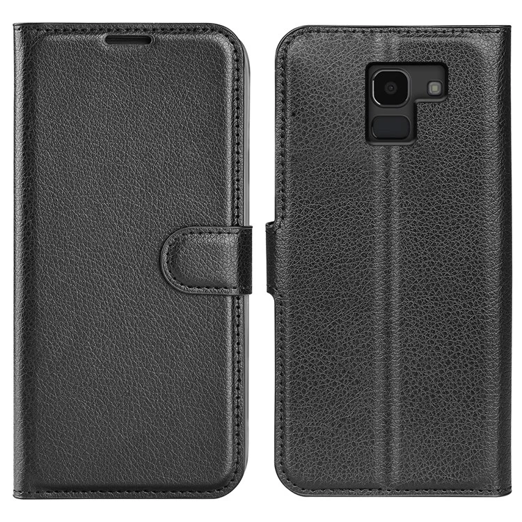 Litchi Skin Leather Stand Cover with Card Slots for Samsung Galaxy J6 (2018) Magnetic Clasp Closure - Black-Cellmalls