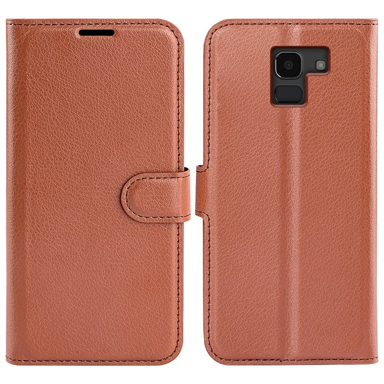 Litchi Skin Leather Stand Cover with Card Slots for Samsung Galaxy J6 (2018) Magnetic Clasp Closure - Black-Cellmalls