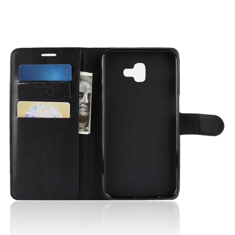 Litchi Skin Leather Stand Cover with Card Slots for Samsung Galaxy J6 Plus - Black-Cellmalls