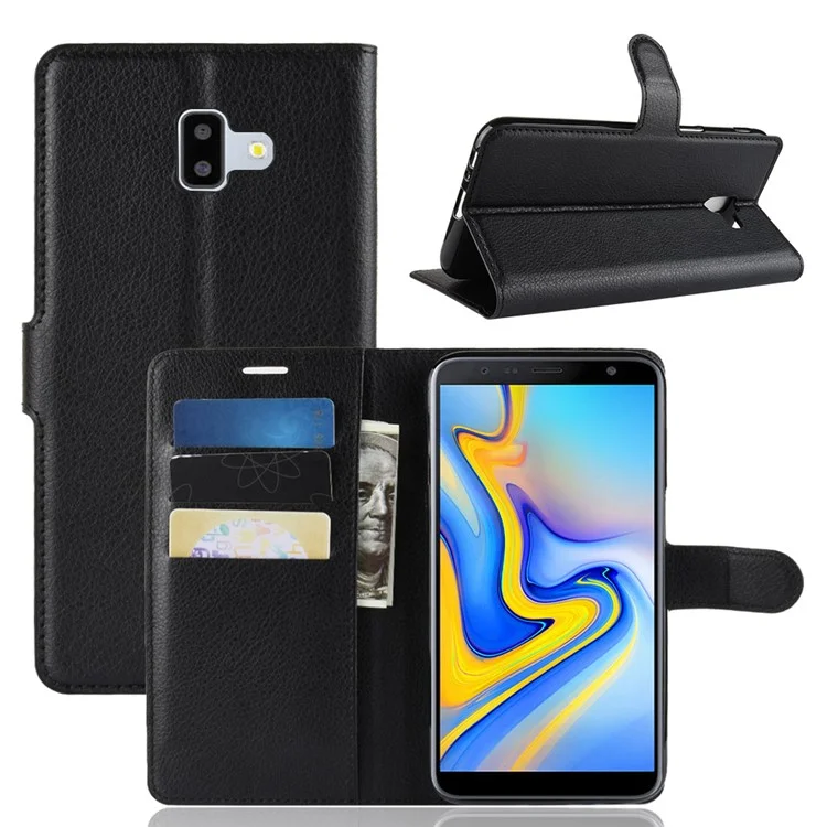 Litchi Skin Leather Stand Cover with Card Slots for Samsung Galaxy J6 Plus - Black-Cellmalls