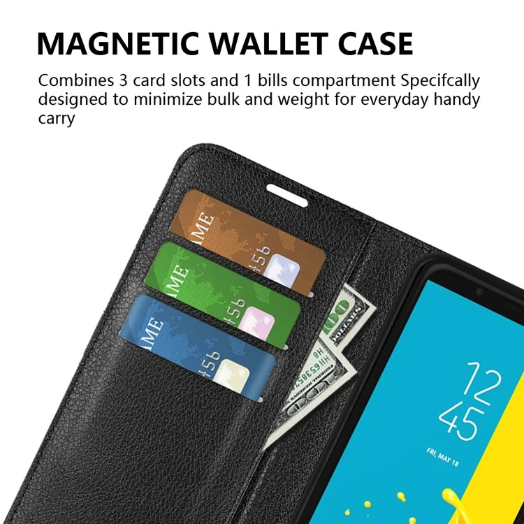 Litchi Skin Leather Stand Cover with Card Slots for Samsung Galaxy J6 (2018) Magnetic Clasp Closure - Black-Cellmalls