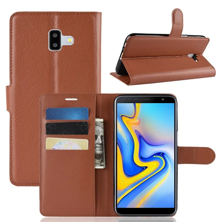 Litchi Skin Leather Stand Cover with Card Slots for Samsung Galaxy J6 Plus - Black-Cellmalls