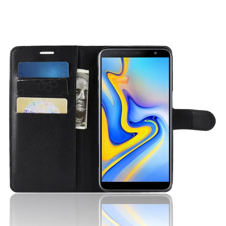 Litchi Skin Leather Stand Cover with Card Slots for Samsung Galaxy J6 Plus - Black-Cellmalls