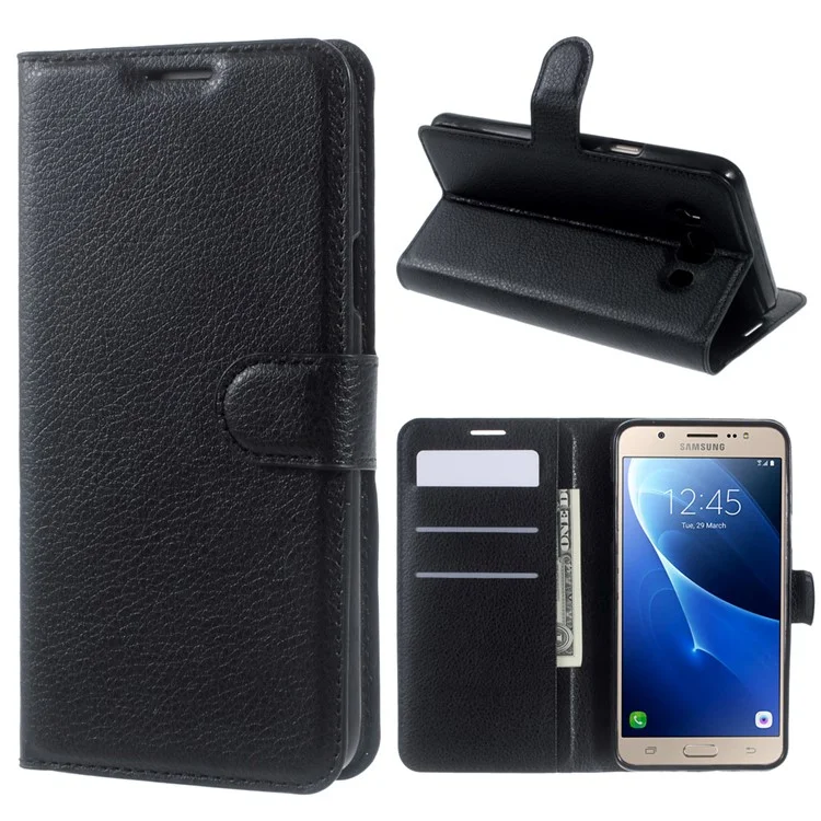 Litchi Grain Wallet Case for Samsung Galaxy J7 (2016) - Black-Cellmalls