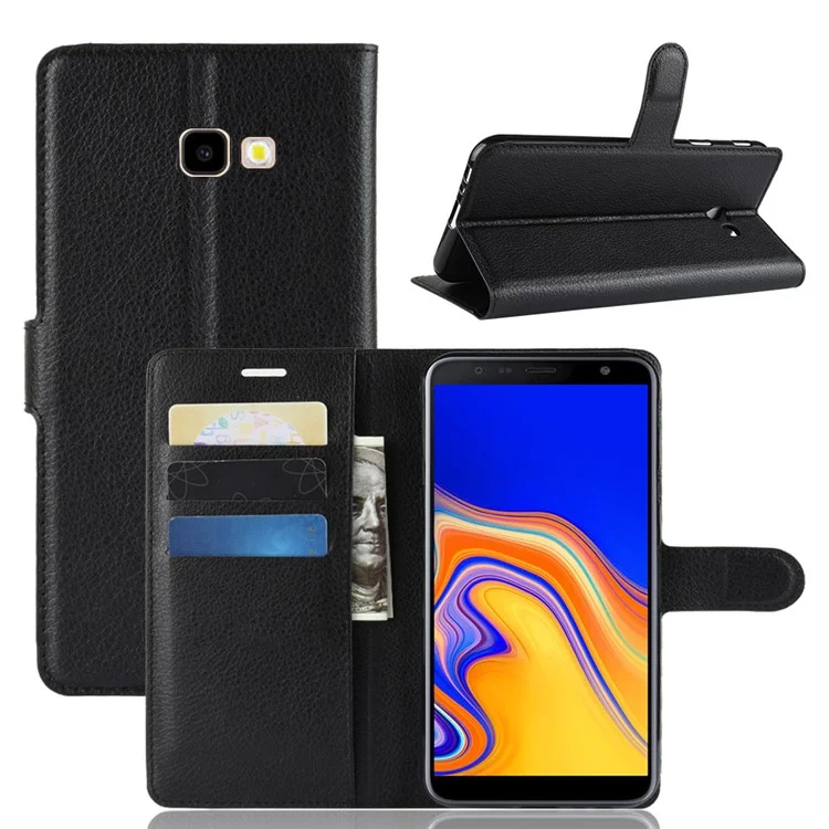 Litchi Skin Wallet Leather Stand Case for Samsung Galaxy J4+ - Black-Cellmalls