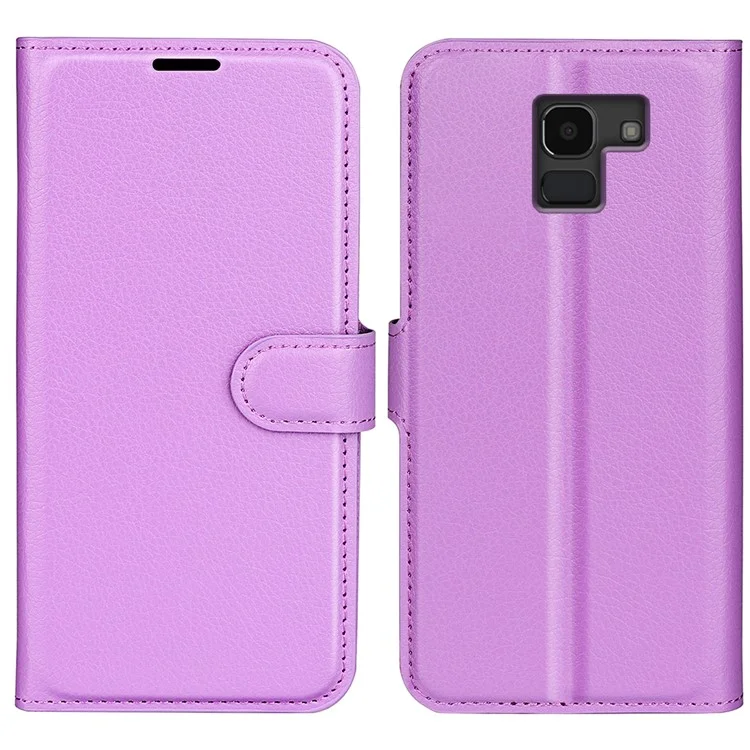 Litchi Skin Leather Stand Cover with Card Slots for Samsung Galaxy J6 (2018) Magnetic Clasp Closure - Black-Cellmalls