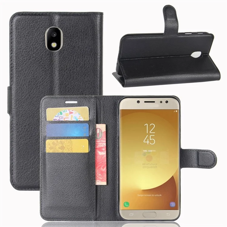 Litchi Skin Wallet Leather Flip Case with Stand for Samsung Galaxy J7 (2017) EU Version - Black-Cellmalls