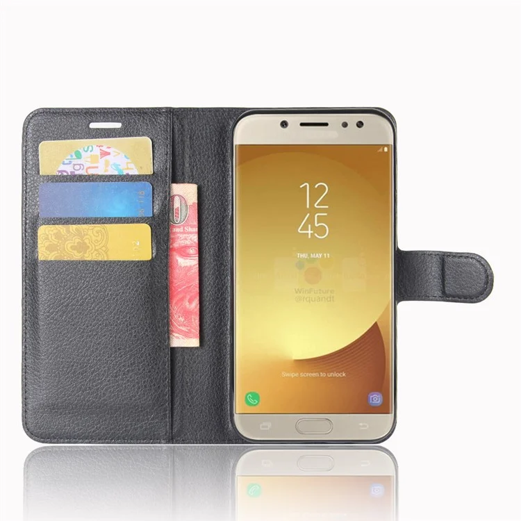 Litchi Skin Wallet Leather Flip Case with Stand for Samsung Galaxy J7 (2017) EU Version - Black-Cellmalls