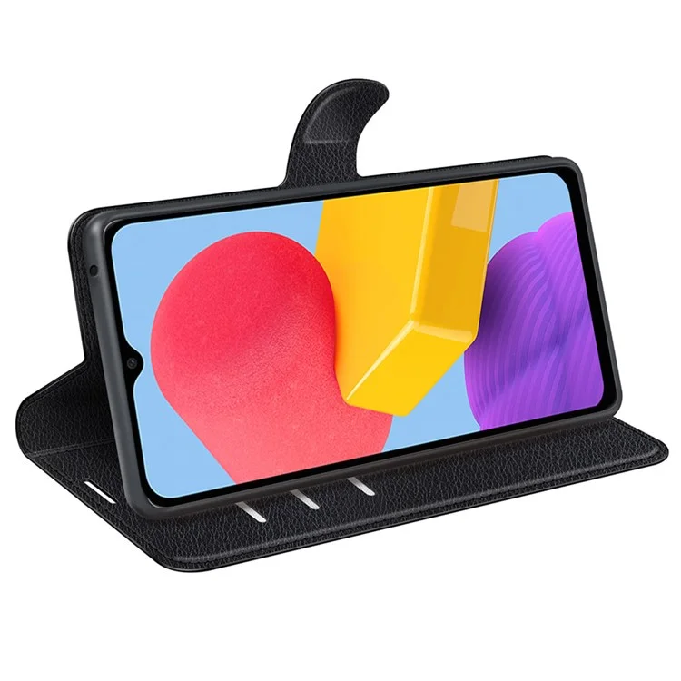 For Samsung Galaxy M13 4G Anti-scratch Litchi Texture PU Leather Case, Shockproof Wallet Stand Folio Flip Phone Cover - Black-Cellmalls