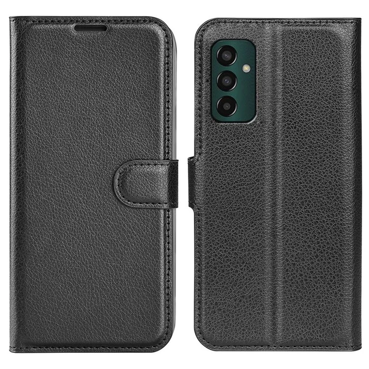 For Samsung Galaxy M13 4G Anti-scratch Litchi Texture PU Leather Case, Shockproof Wallet Stand Folio Flip Phone Cover - Black-Cellmalls