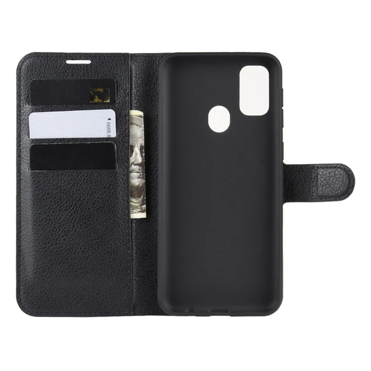 Litchi Skin Leather Stand Phone Shell Wallet Case for Samsung Galaxy M21 / M30s - Black-Cellmalls