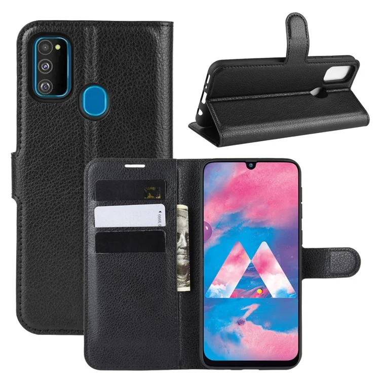 Litchi Skin Leather Stand Phone Shell Wallet Case for Samsung Galaxy M21 / M30s - Black-Cellmalls