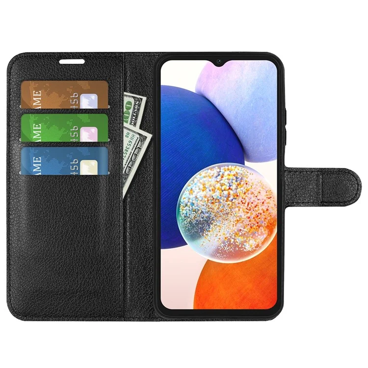 PU Leather Phone Shell for Samsung Galaxy M14 5G Litchi Texture Wallet Cover Stand Phone Case - Black-Cellmalls