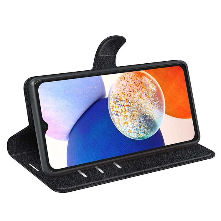 PU Leather Phone Shell for Samsung Galaxy M14 5G Litchi Texture Wallet Cover Stand Phone Case - Black-Cellmalls
