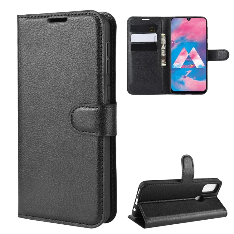 Litchi Skin Leather Stand Phone Shell Wallet Case for Samsung Galaxy M21 / M30s - Black-Cellmalls