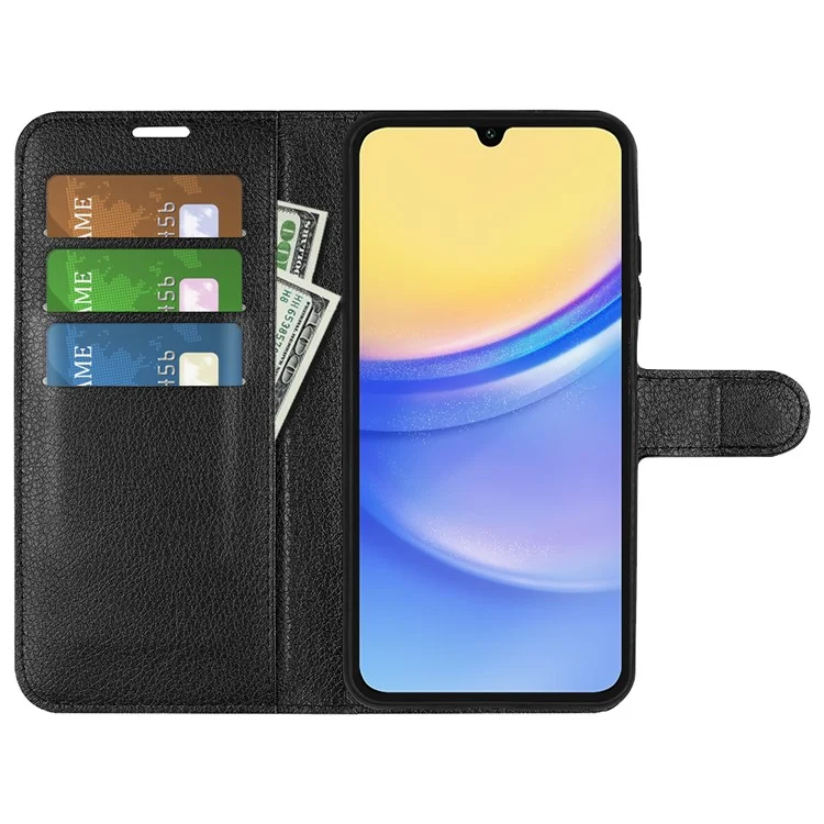 For Samsung Galaxy M15 5G Case Litchi Texture Leather Phone Cover Card Slot Magnetic Clasp - Black-Cellmalls