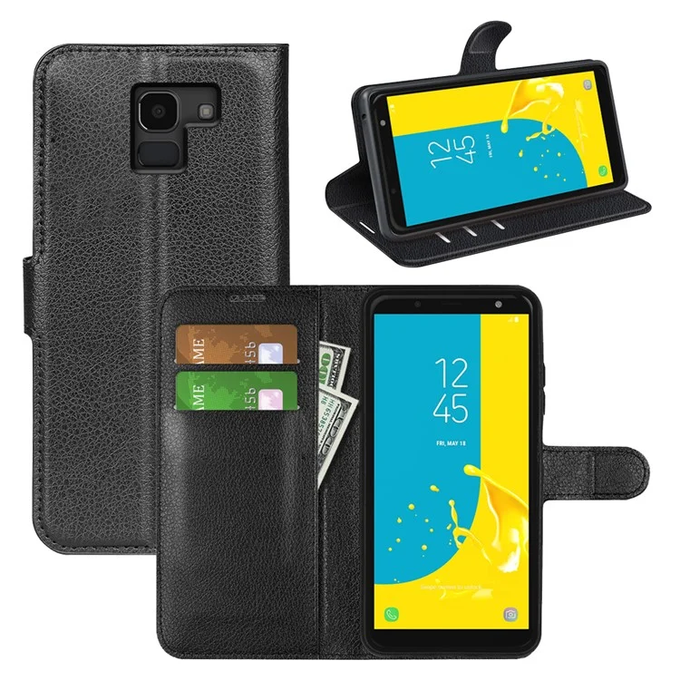 Litchi Skin Leather Stand Cover with Card Slots for Samsung Galaxy J6 (2018) Magnetic Clasp Closure - Black-Cellmalls
