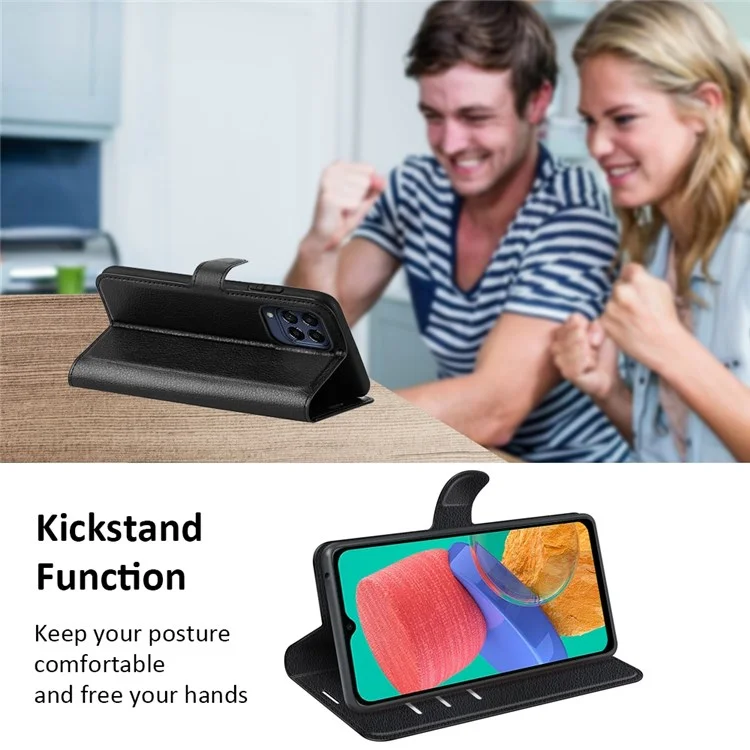 For Samsung Galaxy M33 5G (Global Version) Litchi Texture Leather Case Shockproof Stand Wallet Phone Protective Cover - Black-Cellmalls
