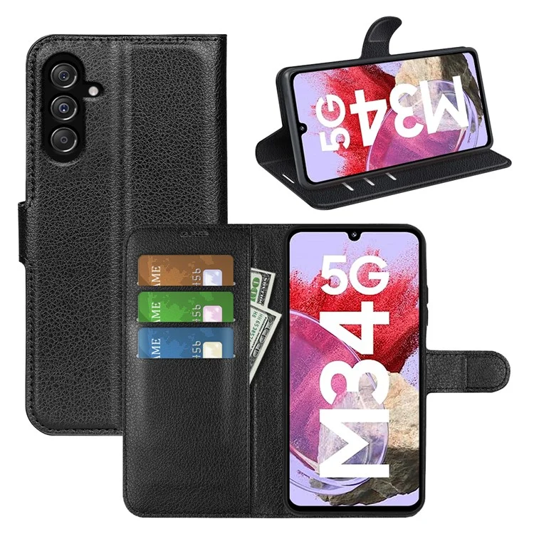For Samsung Galaxy F34 5G / M34 5G Phone Case Anti-Scratch Stand PU Leather Wallet Litchi Texture Protective Cover - Black-Cellmalls