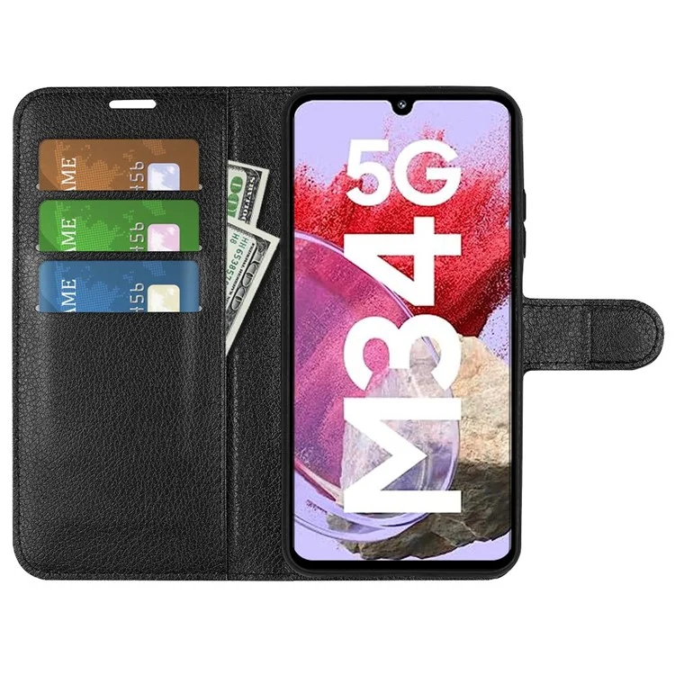For Samsung Galaxy F34 5G / M34 5G Phone Case Anti-Scratch Stand PU Leather Wallet Litchi Texture Protective Cover - Black-Cellmalls