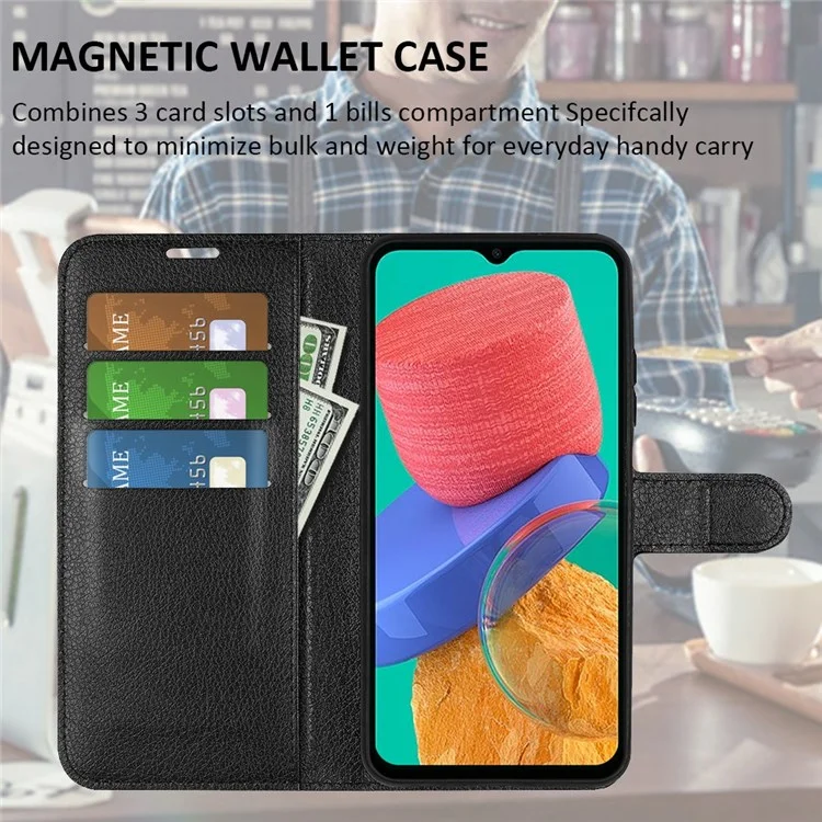 For Samsung Galaxy M33 5G (Global Version) Litchi Texture Leather Case Shockproof Stand Wallet Phone Protective Cover - Black-Cellmalls