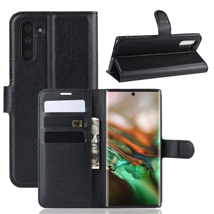 Litchi Texture Wallet Leather Phone Cover for Samsung Galaxy Note 10 / Note 10 5G - Black-Cellmalls