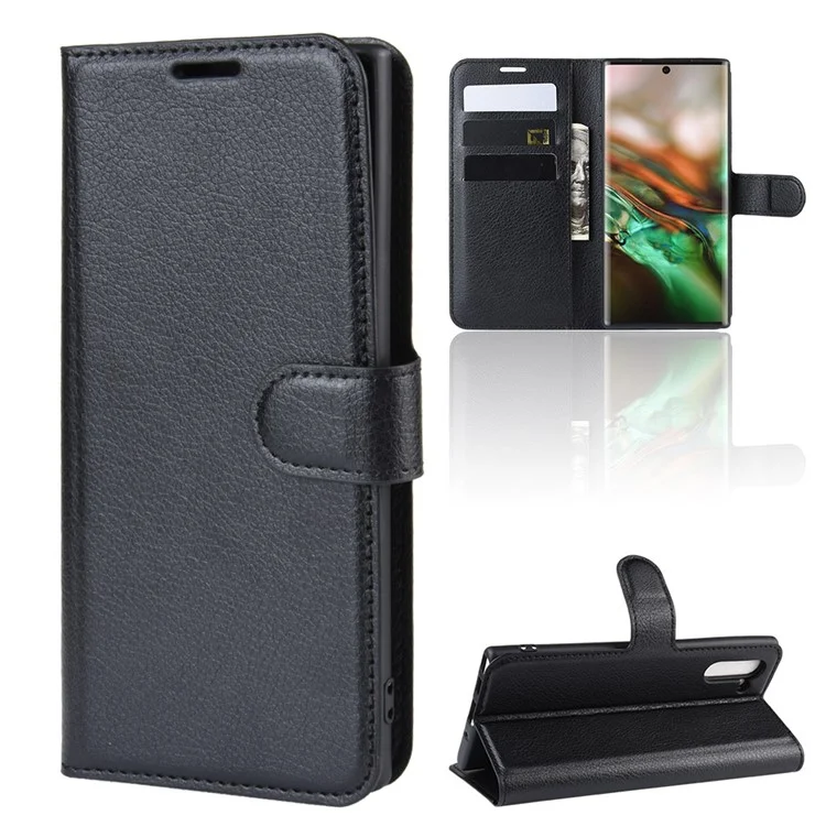 Litchi Texture Wallet Leather Phone Cover for Samsung Galaxy Note 10 / Note 10 5G - Black-Cellmalls