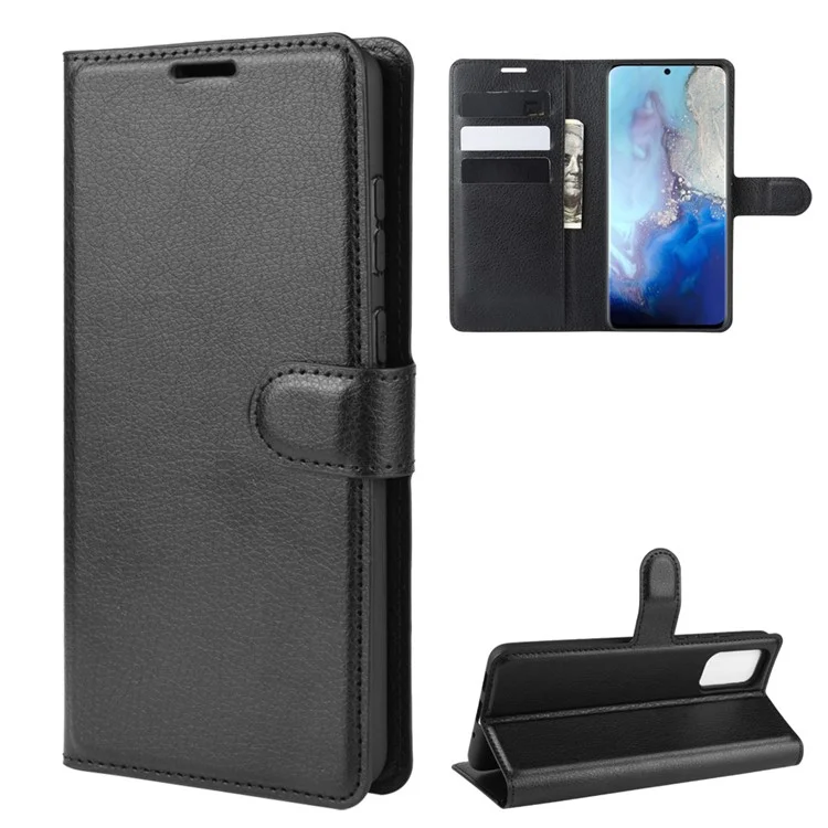 Litchi Surface Wallet Leather Stand Case for Samsung Galaxy S20 4G / S20 5G Cell Phone Case Shell - Black-Cellmalls