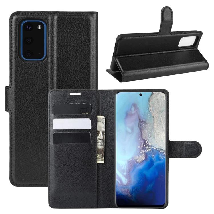 Litchi Surface Wallet Leather Stand Case for Samsung Galaxy S20 4G / S20 5G Cell Phone Case Shell - Black-Cellmalls