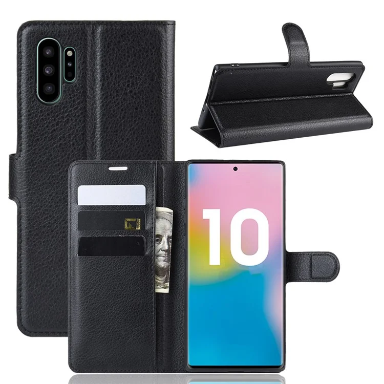 Litchi Texture Wallet Leather Phone Cover for Samsung Galaxy Note 10 Plus / Note 10 Plus 5G - Black-Cellmalls